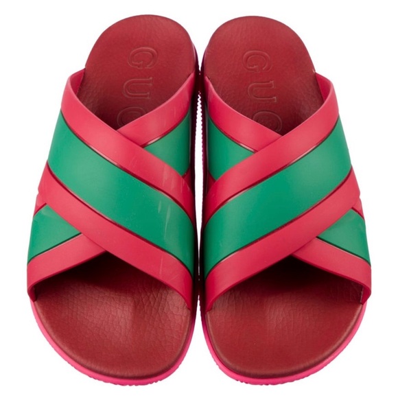 Gucci Red and Green Crisscross web Slides - Picture 1 of 10